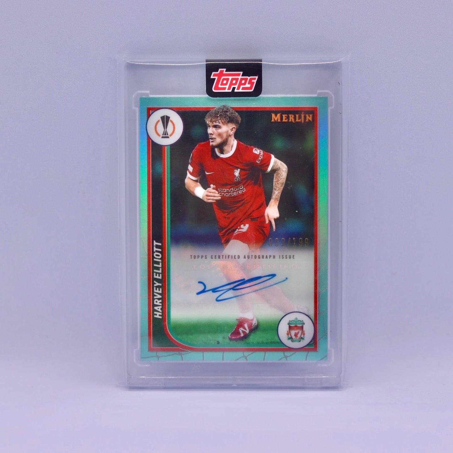 Harvey Elliott (003/199) Topps Chrome Merlin 2023/2024 Aqua Refractor Auto