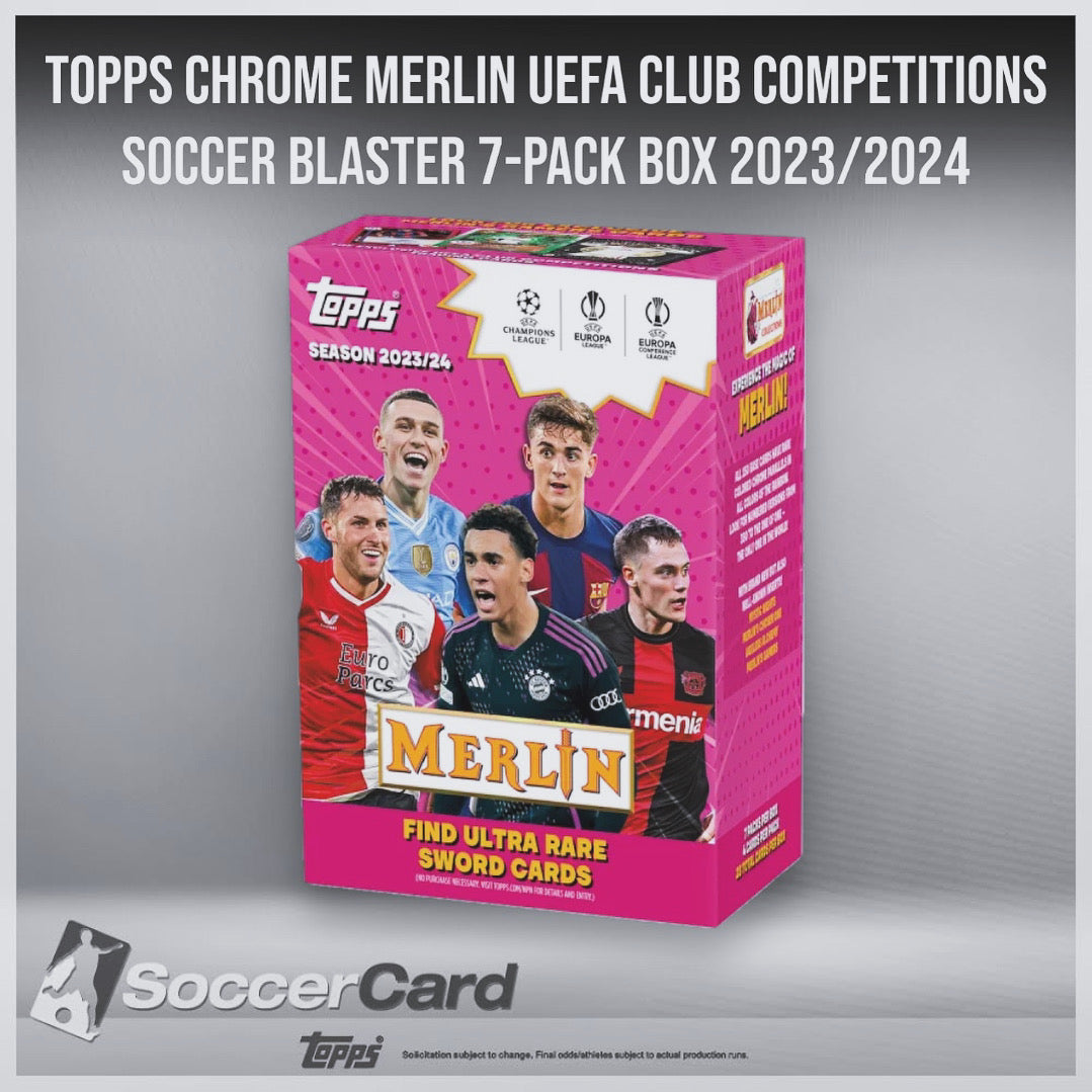 عبوة من 7 قطع من Topps Chrome Merlin UEFA Club Competitions Soccer Blaster 2023/2024