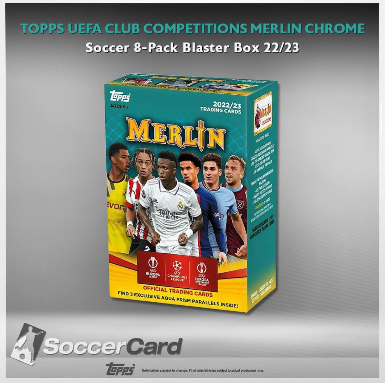 علبة بلاستر Merlin Chrome Soccer 8-Pack Blaster Box من Topps UEFA Club Competitions 2022/2023 