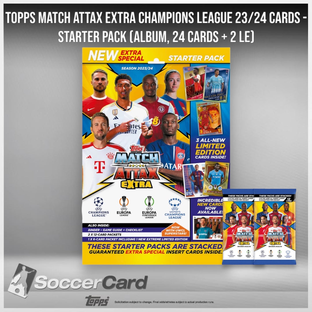 مجموعة TOPPS MATCH ATTAX EXTRA CHAMPIONS LEAGUE 23/24 CARDS – STARTER PACK (ألبوم، 24 بطاقة + 2 جنيه إسترليني) 