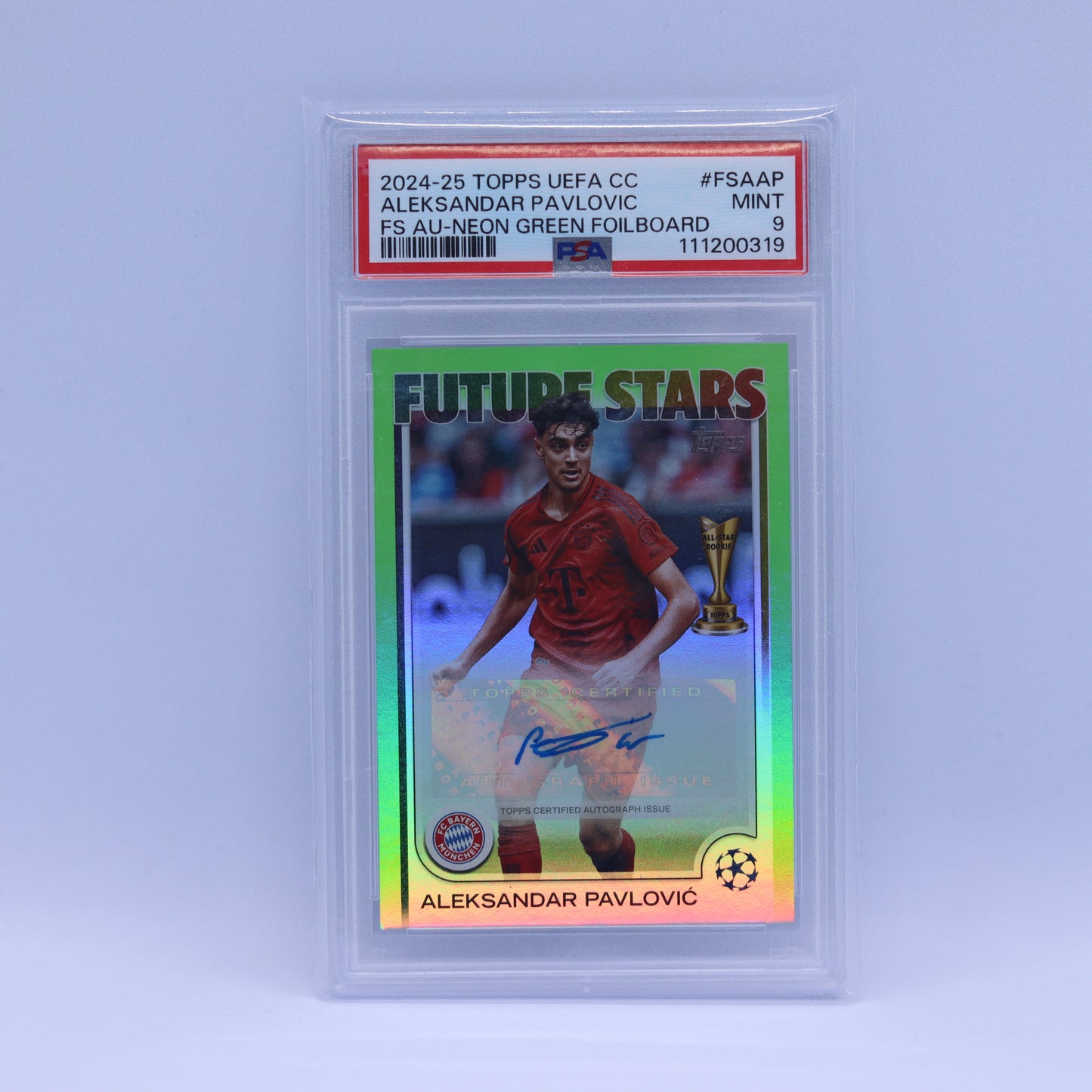 Aleksander Pavlovic (46/199) Topps UEFA Champions League Neon Green Foilboard Auto PSA 9